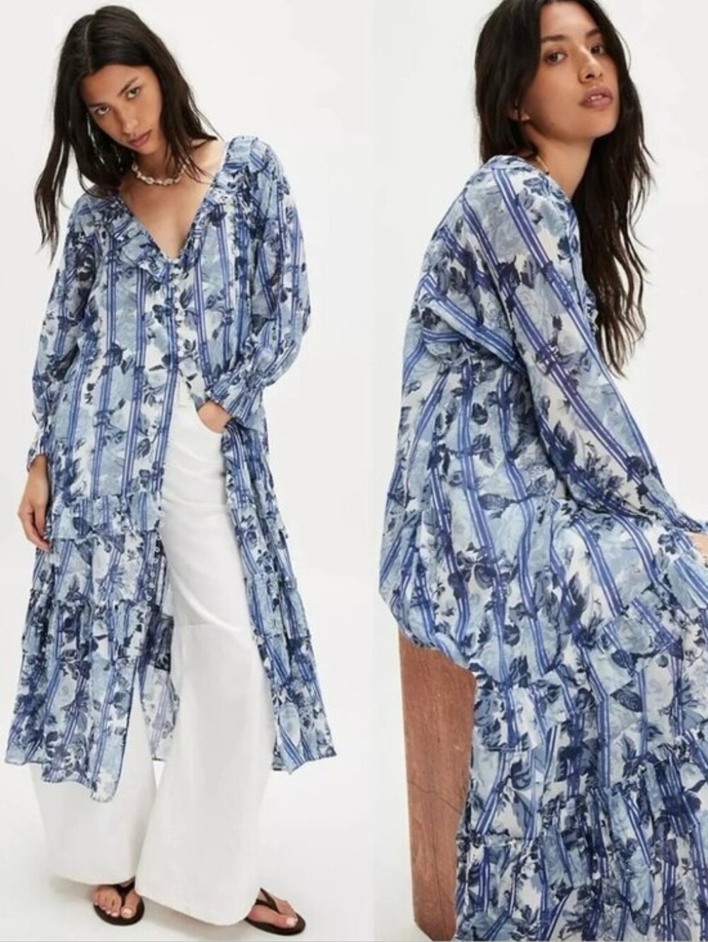 NWT XS Free People Blue Floral Stripe Ruffle Duster Coverup  Dress